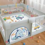 TINSY Fabric Playpen 120 x 180 cm for Toddlers & Kids up to 5 Years | Playard with Balls and 2 Grasp Rings | Space-Efficient Safety Enclosure | Mesh Viewing Panels | No Mat