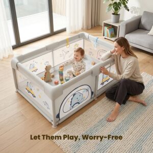 TINSY Fabric Playpen 120 x 180 cm for Toddlers & Kids up to 5 Years | Playard with Balls and 2 Grasp Rings | Space-Efficient Safety Enclosure | Mesh Viewing Panels | No Mat