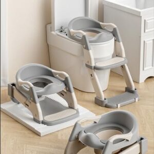 TINSY Potty Training Toilet Seat with Step Stool Ladder for Boys and Girls,Toddler Kid Children Toilet Training Seat Chair with Handles,Height Adjustable,Non-Slip Wide Step (Grey)