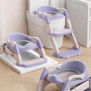 TINSY Potty Training Toilet Seat with Step Stool Ladder for Boys and Girls,Toddler Kid Children Toilet Training Seat Chair with Handles,Height Adjustable,Non-Slip Wide Step (Purple)
