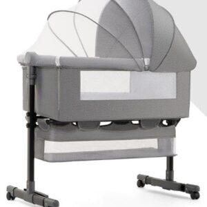 TINSY Luma Baby Bedside Crib (Light Grey, Up to 25 kg), Lightweight & Height Adjustable with Anti-Reflux Tilt, Foldable Baby Cot with Wheels & Rocking Function, Mosquito Net & Storage Basket