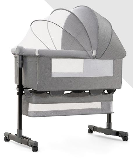 TINSY Luma Baby Bedside Crib (Light Grey, Up to 25 kg), Lightweight & Height Adjustable with Anti-Reflux Tilt, Foldable Baby Cot with Wheels & Rocking Function, Mosquito Net & Storage Basket Tinsy Luma Height-Adjustable Baby Bedside Crib