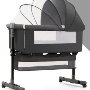 TINSY Luma Baby Bedside Crib (Light Grey, Up to 25 kg), Lightweight & Height Adjustable with Anti-Reflux Tilt, Foldable Baby Cot with Wheels & Rocking Function, Mosquito Net & Storage Basket