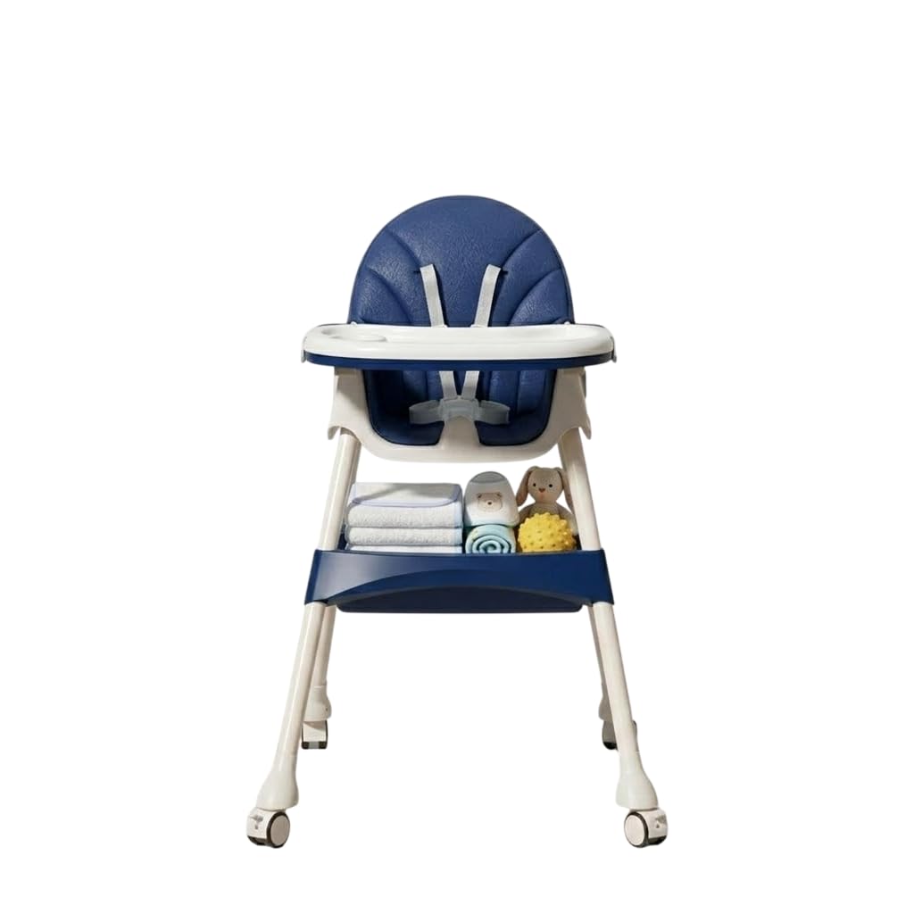 TINSY Feeding High Chair | Adjustable Safety Straps for Secure Seating | Stable Reinforced Legs | Easy-Clean Tray | Comfort Backrest | Compact Design | 0-5 Years | Dark Blue
