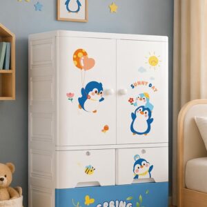 TINSY Kids Wardrobe with Hanging Rod & Drawers, Multi-Purpose Plastic Cupboard for Clothes, Toys & Essentials, Cute Design Storage Cabinet for Kids Room, Nursery & Bedroom (70x38x113 cm)