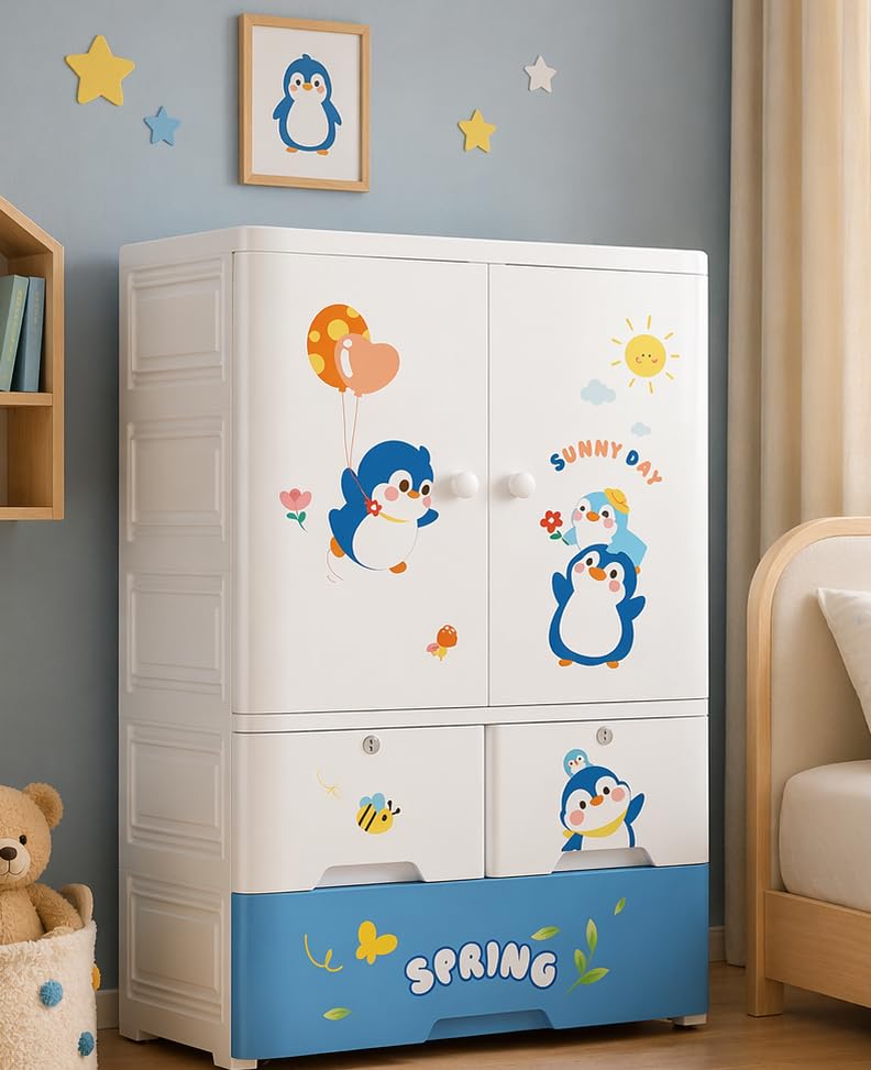 TINSY Kids Wardrobe with Hanging Rod & Drawers, Multi-Purpose Plastic Cupboard for Clothes, Toys & Essentials, Cute Design Storage Cabinet for Kids Room, Nursery & Bedroom (70x38x113 cm) TINSY Kids Wardrobe with Hanging Rod & Drawers, Multi-Purpose Plastic Cupboard for Clothes, Toys & Essentials, Cute Design Storage Cabinet for Kids Room, Nursery & Bedroom (70x38x113 cm)