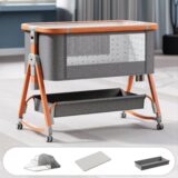 TINSY Woodline Pro Baby Bedside Crib with Wooden Finish Pattern & Aluminium Top Rail (Light Grey, Up to 25 kg), Adjustable Height & Anti-Reflux Tilt, Wheels & Rocking Function, Mosquito Net & Storage