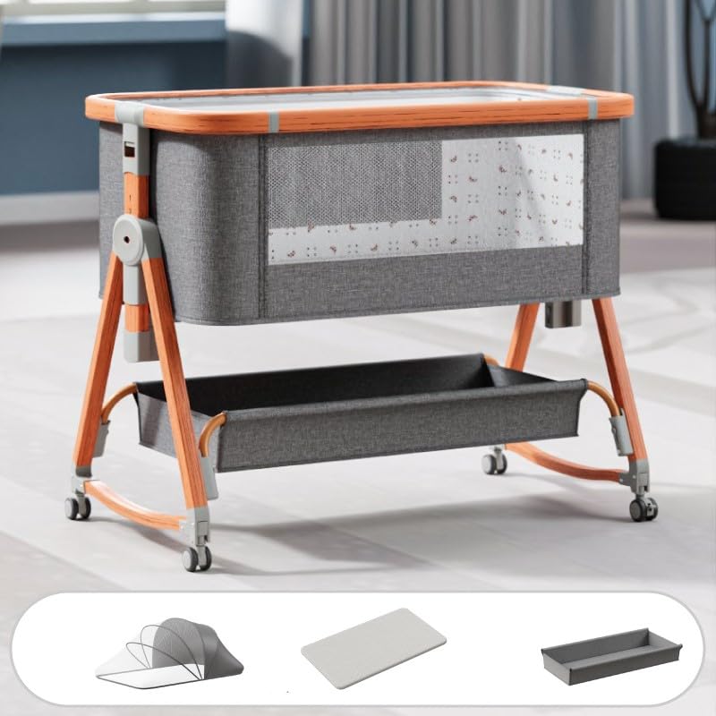 TINSY Woodline Pro Baby Bedside Crib with Wooden Finish Pattern & Aluminium Top Rail (Light Grey, Up to 25 kg), Adjustable Height & Anti-Reflux Tilt, Wheels & Rocking Function, Mosquito Net & Storage