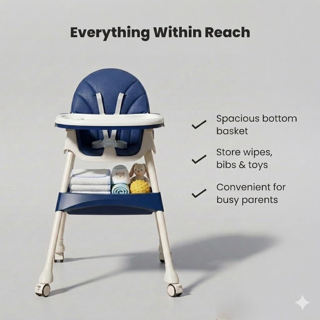 TINSY Feeding High Chair | Adjustable Safety Straps for Secure Seating | Stable Reinforced Legs | Easy-Clean Tray | Comfort Backrest | Compact Design | 0-5 Years | Dark Blue