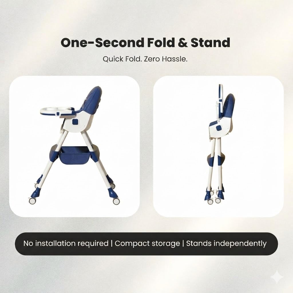 TINSY Feeding High Chair | Adjustable Safety Straps for Secure Seating | Stable Reinforced Legs | Easy-Clean Tray | Comfort Backrest | Compact Design | 0-5 Years | Dark Blue