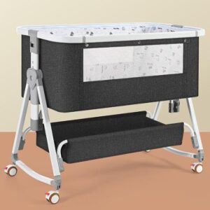TINSY AeroNest Premium Baby Bedside Crib with Aluminium Top Rail (Up to 25 kg), Anti-Reflux Tilt, Foldable Baby Cot with Wheels & Rocking Function, Mosquito Net & Storage Basket