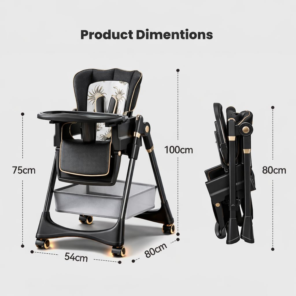 TINSY High Chair Polypropylene Safety Belt Secured Seat | Elevated Dining Support | Heavy-Duty Frame | Tray Lock System | Scratch-Resistant Finish | Boys & Girls 0-5 Years | Black