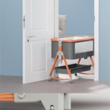 TINSY Woodline Pro Baby Bedside Crib with Wooden Finish Pattern & Aluminium Top Rail (Light Grey, Up to 25 kg), Adjustable Height & Anti-Reflux Tilt, Wheels & Rocking Function, Mosquito Net & Storage
