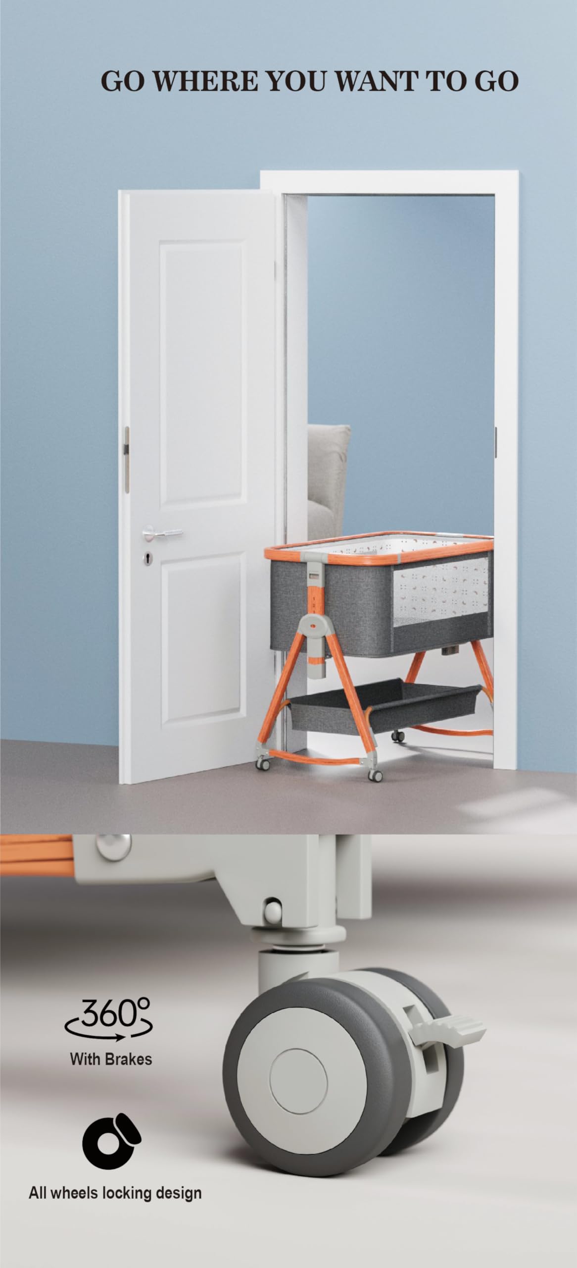 TINSY Woodline Pro Baby Bedside Crib with Wooden Finish Pattern & Aluminium Top Rail (Light Grey, Up to 25 kg), Adjustable Height & Anti-Reflux Tilt, Wheels & Rocking Function, Mosquito Net & Storage