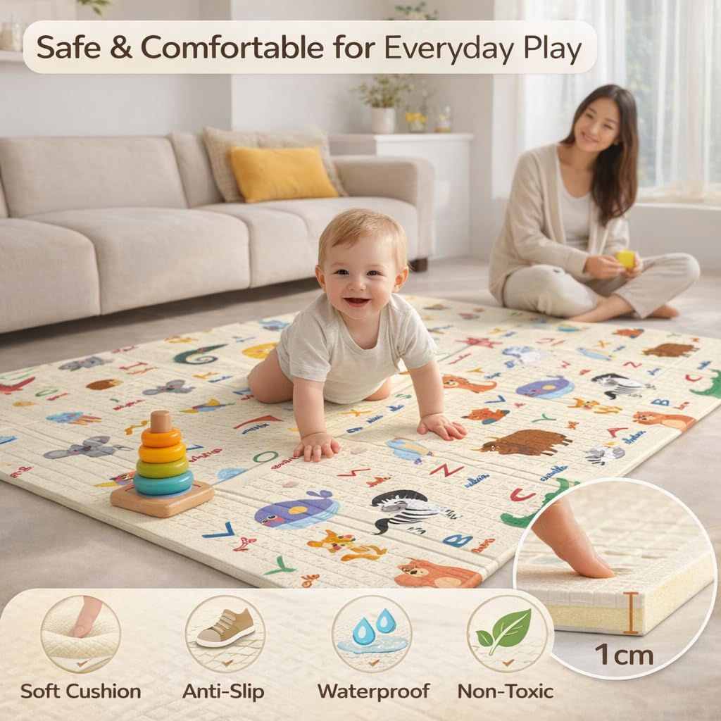 TINSY Extra Thick Baby Play Mat (0.8 cm & 1.0 cm) – 180 × 150 cm Reversible Foldable Foam Playmat, Non-Toxic Waterproof Crawling Mat, Anti-Slip Cushion Floor Mat for Babies & Toddlers