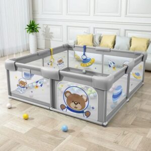 TINSY Fabric Playpen 150 x 180 cm for Toddlers & Kids up to 5 Years | Playard with Balls and 2 Grasp Rings | Compact Mesh Enclosure | Playard with Safety | Indoor Play Area | No Mat