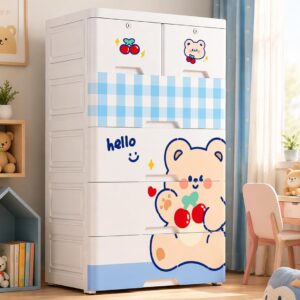 TINSY Kids Wardrobe with Hanging Rod & Drawers, Multi-Purpose Plastic Cupboard for Clothes, Toys & Essentials, Cute Design Storage Cabinet for Kids Room, Nursery & Bedroom (70x38x113 cm)