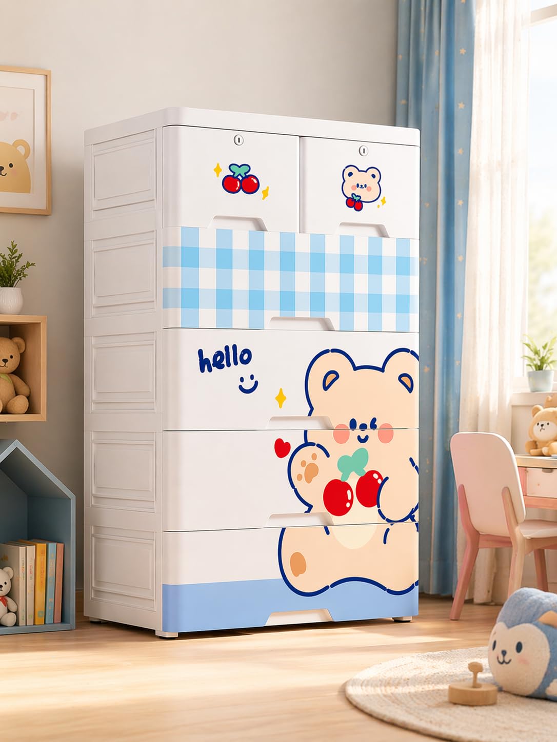 TINSY Kids Wardrobe with Hanging Rod & Drawers, Multi-Purpose Plastic Cupboard for Clothes, Toys & Essentials, Cute Design Storage Cabinet for Kids Room, Nursery & Bedroom (70x38x113 cm) TINSY Kids Wardrobe with Hanging Rod & Drawers, Multi-Purpose Plastic Cupboard for Clothes, Toys & Essentials, Cute Design Storage Cabinet for Kids Room, Nursery & Bedroom (70x38x113 cm)
