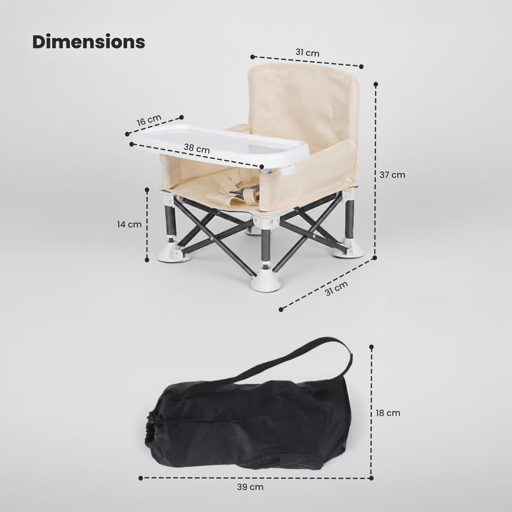 TINSY Foldable Baby Beach Chair | Lightweight, Travel-Friendly Outdoor Seat | Includes Travel Bag | Durable Stable Frame | Compact & Easy to Carry (White, Supports Up to 12 kg)