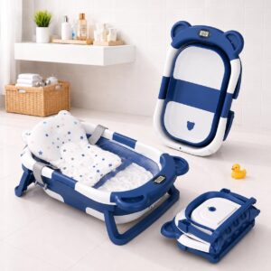 TINSY Foldable Baby Bath Tub for Newborns with Built-in Water Thermometer, Soft Support Pillow, Anti-Slip Base & Compact Half-Fold Design, Dark Blue