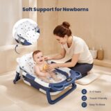 TINSY Foldable Baby Bath Tub | Polypropylene Infant Basin | Built-in Water Thermometer | Head Support Pillow | Anti-Slip Base | Portable Newborn Bath Container | Nursery Tub
