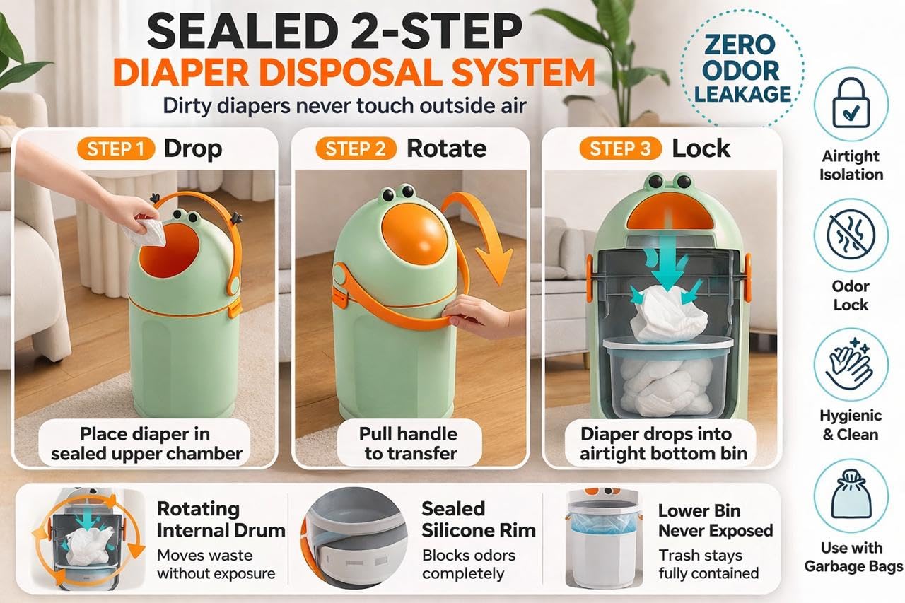 TINSY Diaper Disposal Bin | Polypropylene Nappy Waste Container | Odour Seal Lid | Removable Inner Pail | Baby Care Dustbin | Nursery Hygiene Bucket | Infant Waste Holder with Handle
