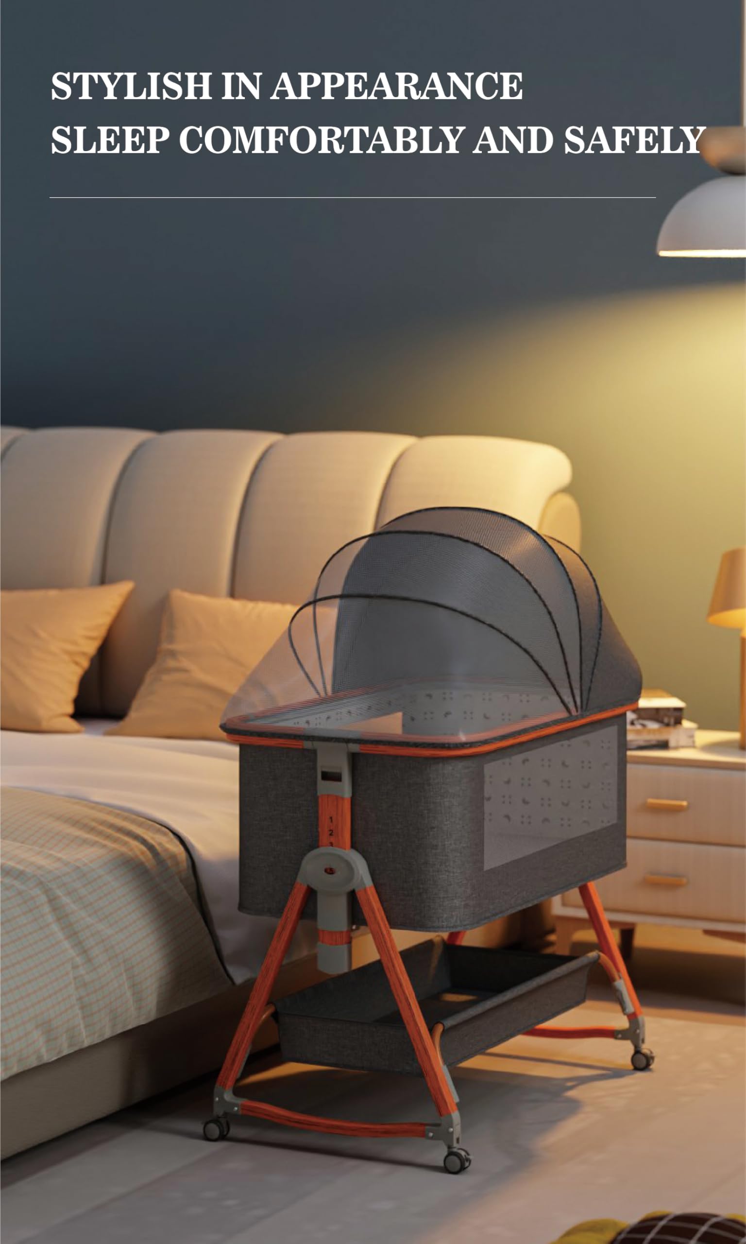 TINSY Woodline Pro Baby Bedside Crib with Wooden Finish Pattern & Aluminium Top Rail (Light Grey, Up to 25 kg), Adjustable Height & Anti-Reflux Tilt, Wheels & Rocking Function, Mosquito Net & Storage