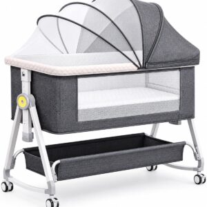 TINSY FlexiCare 3-in-1 Foldable Baby Crib Bedside Sleeper (Brown, Up to 25 kg) with Wheels & Rocking Function, Adjustable Height (6 Levels), Anti-Reflux Tilt, Baby Cot with Mosquito Net & Storage