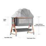 TINSY Woodline Pro Baby Bedside Crib with Wooden Finish Pattern & Aluminium Top Rail (Light Grey, Up to 25 kg), Adjustable Height & Anti-Reflux Tilt, Wheels & Rocking Function, Mosquito Net & Storage