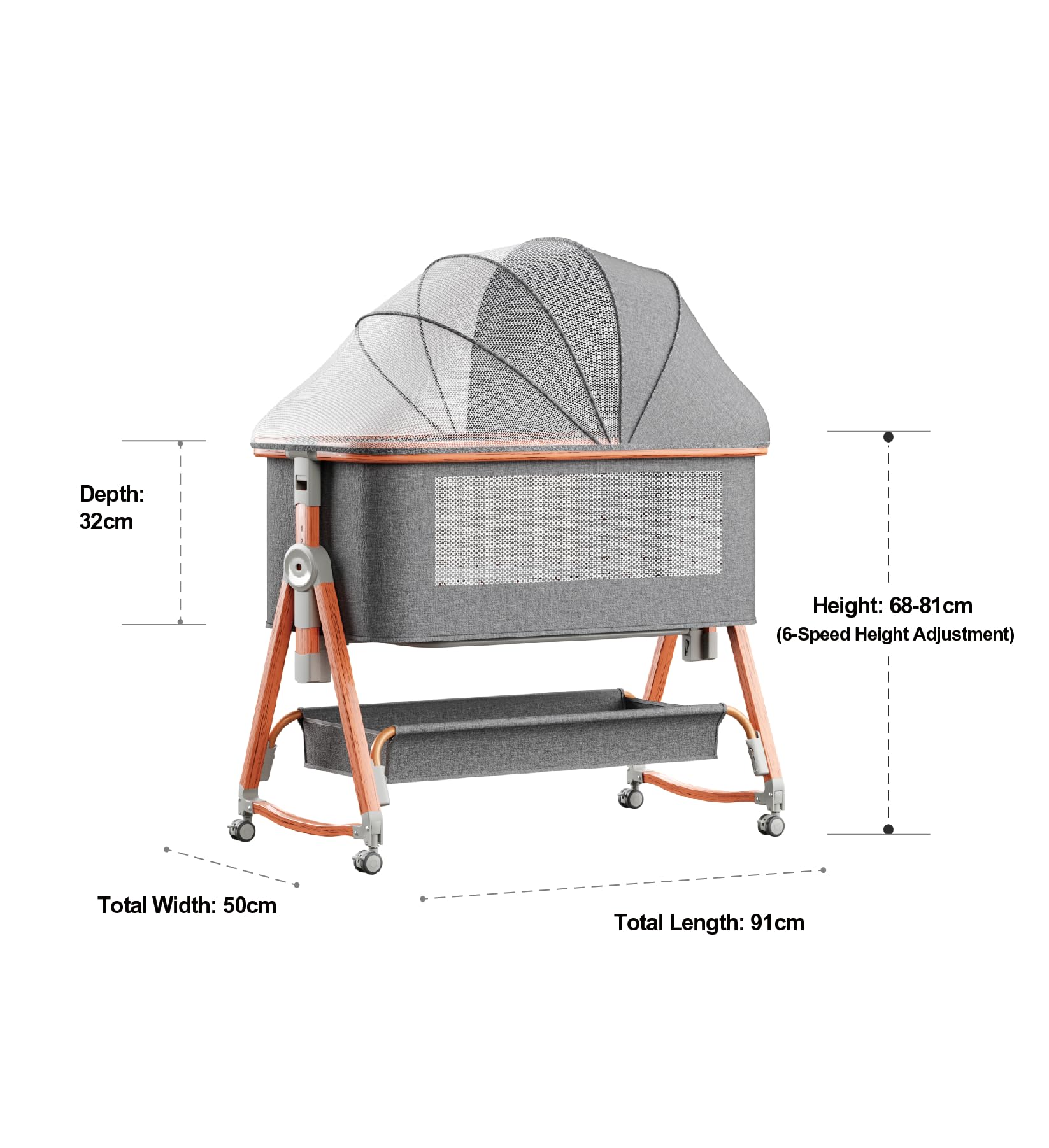 TINSY Woodline Pro Baby Bedside Crib with Wooden Finish Pattern & Aluminium Top Rail (Light Grey, Up to 25 kg), Adjustable Height & Anti-Reflux Tilt, Wheels & Rocking Function, Mosquito Net & Storage