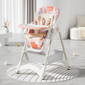 TINSY Baby Adjustable High Chair | Dual Tray System for Feeding | Anti-Slip Feet for Stability | Comfortable Cushion Seat | Boys and Girls | 0-5 Years | Pink