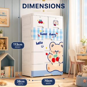 TINSY Kids Wardrobe with Hanging Rod & Drawers, Multi-Purpose Plastic Cupboard for Clothes, Toys & Essentials, Cute Design Storage Cabinet for Kids Room, Nursery & Bedroom (70x38x113 cm)