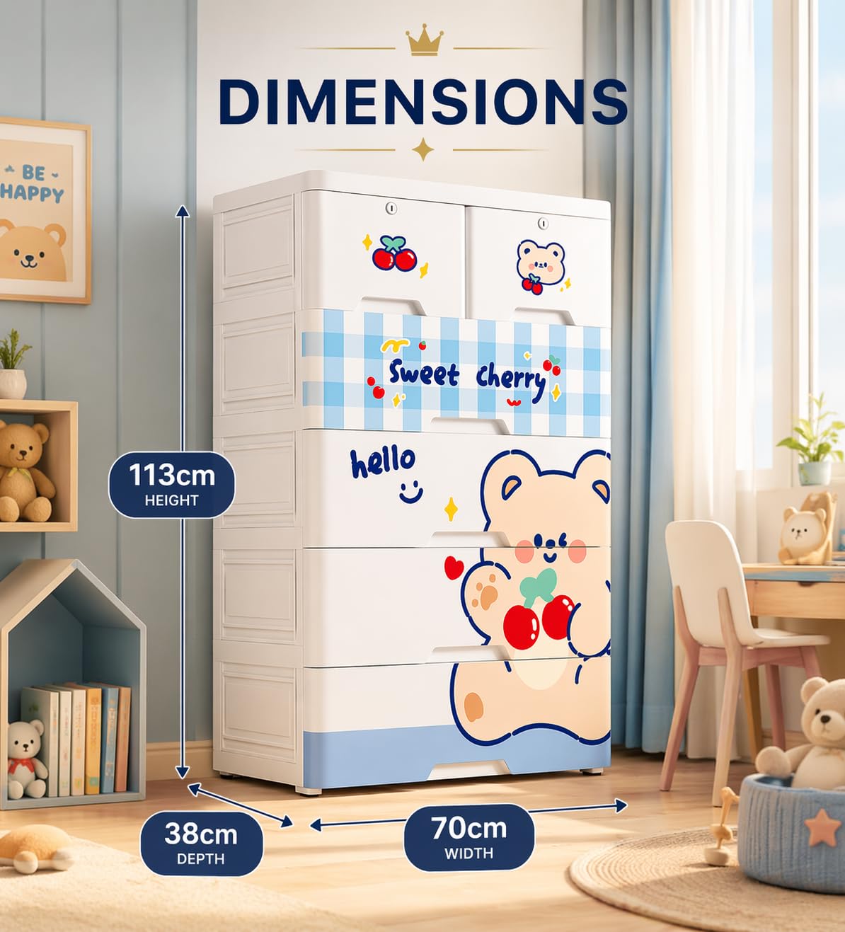 TINSY Kids Wardrobe with Hanging Rod & Drawers, Multi-Purpose Plastic Cupboard for Clothes, Toys & Essentials, Cute Design Storage Cabinet for Kids Room, Nursery & Bedroom (70x38x113 cm)