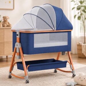 TINSY Woodline Pro Baby Bedside Crib with Wooden Finish Pattern & Aluminium Top Rail (Pink, Up to 25 kg), Adjustable Height & Anti-Reflux Tilt, Wheels & Rocking Function, Mosquito Net & Storage