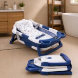 TINSY Foldable Baby Bath Tub | Polypropylene Infant Basin | Built-in Water Thermometer | Head Support Pillow | Anti-Slip Base | Portable Newborn Bath Container | Nursery Tub