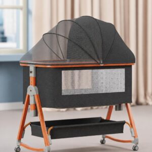 TINSY Woodline Pro Baby Bedside Crib with Wooden Finish Pattern & Aluminium Top Rail (Pink, Up to 25 kg), Adjustable Height & Anti-Reflux Tilt, Wheels & Rocking Function, Mosquito Net & Storage
