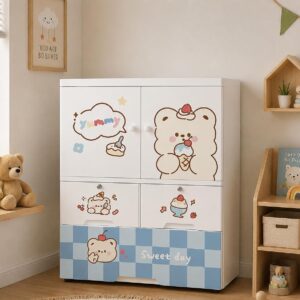 TINSY Kids Wardrobe with Hanging Rod & Drawers, Multi-Purpose Plastic Cupboard for Clothes, Toys & Essentials, Cute Design Storage Cabinet for Kids Room, Nursery & Bedroom (70x38x113 cm)