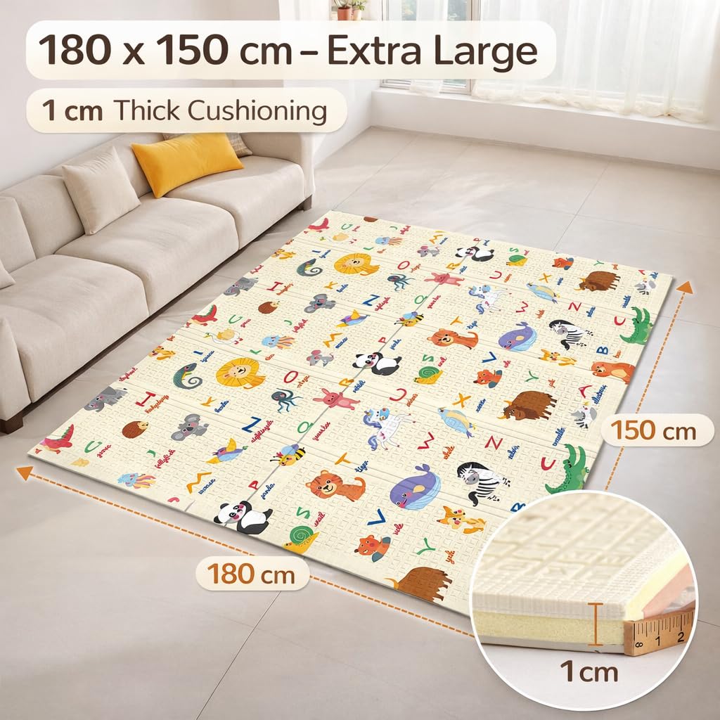 TINSY Extra Thick Baby Play Mat (0.8 cm & 1.0 cm) – 180 × 150 cm Reversible Foldable Foam Playmat, Non-Toxic Waterproof Crawling Mat, Anti-Slip Cushion Floor Mat for Babies & Toddlers