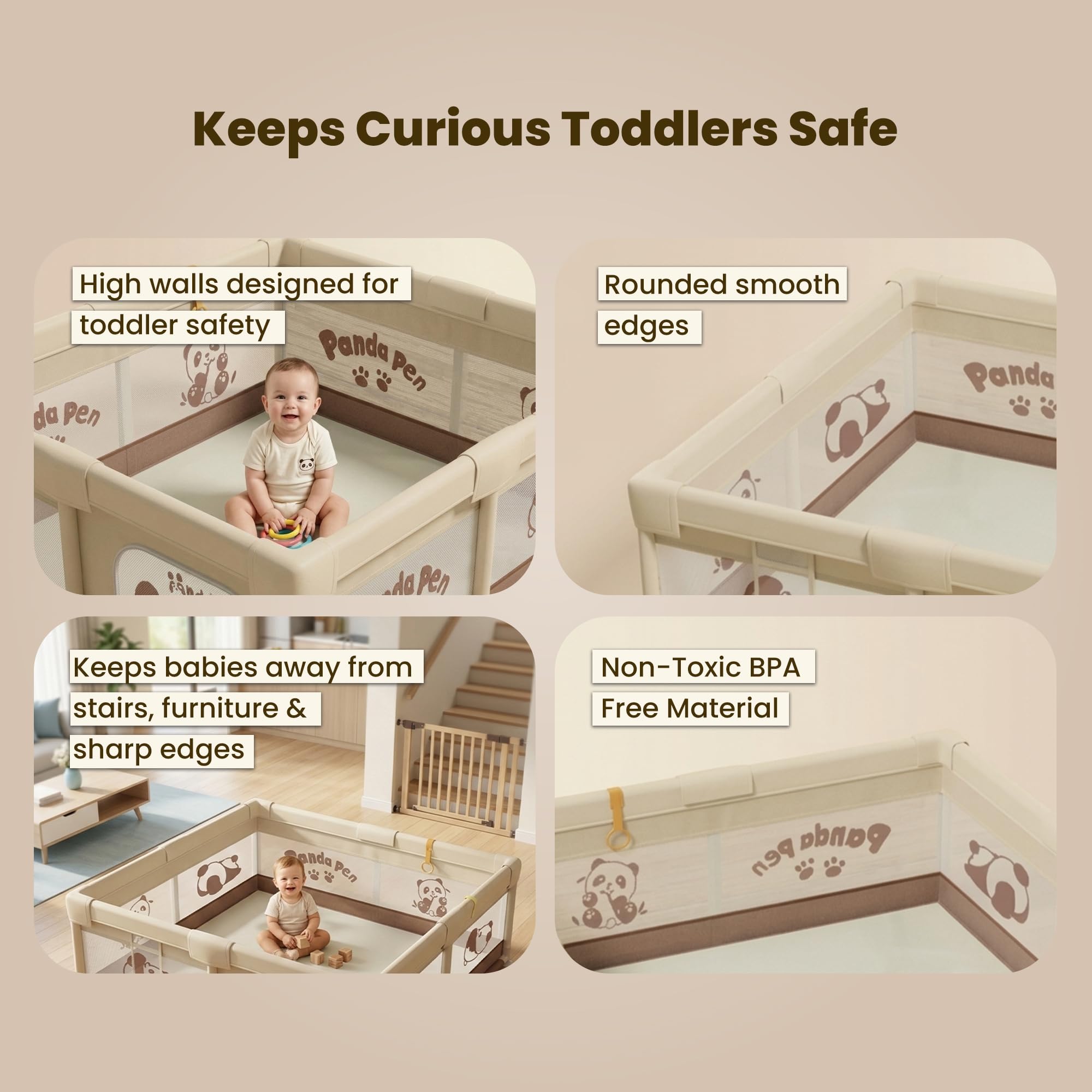 TINSY Large Fabric Playpen 180 x 200 cm for Toddlers & Kids up to 5 Years | Playard with Balls and 2 Grasp Rings | Safe Playard | Indoor Play Area | Zipper Access Entry | Mesh Ventilation | No Mat