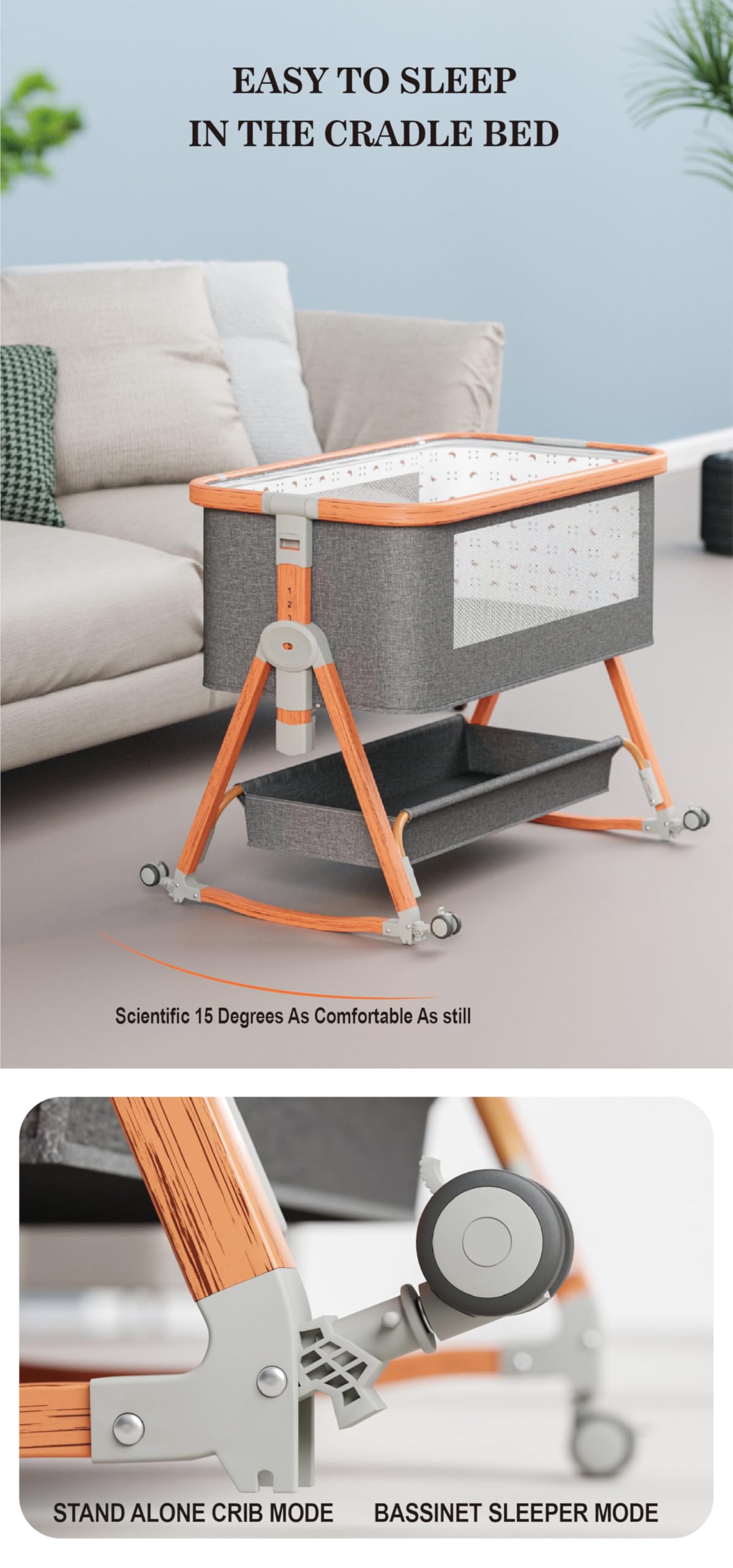 TINSY Woodline Pro Baby Bedside Crib with Wooden Finish Pattern & Aluminium Top Rail (Light Grey, Up to 25 kg), Adjustable Height & Anti-Reflux Tilt, Wheels & Rocking Function, Mosquito Net & Storage