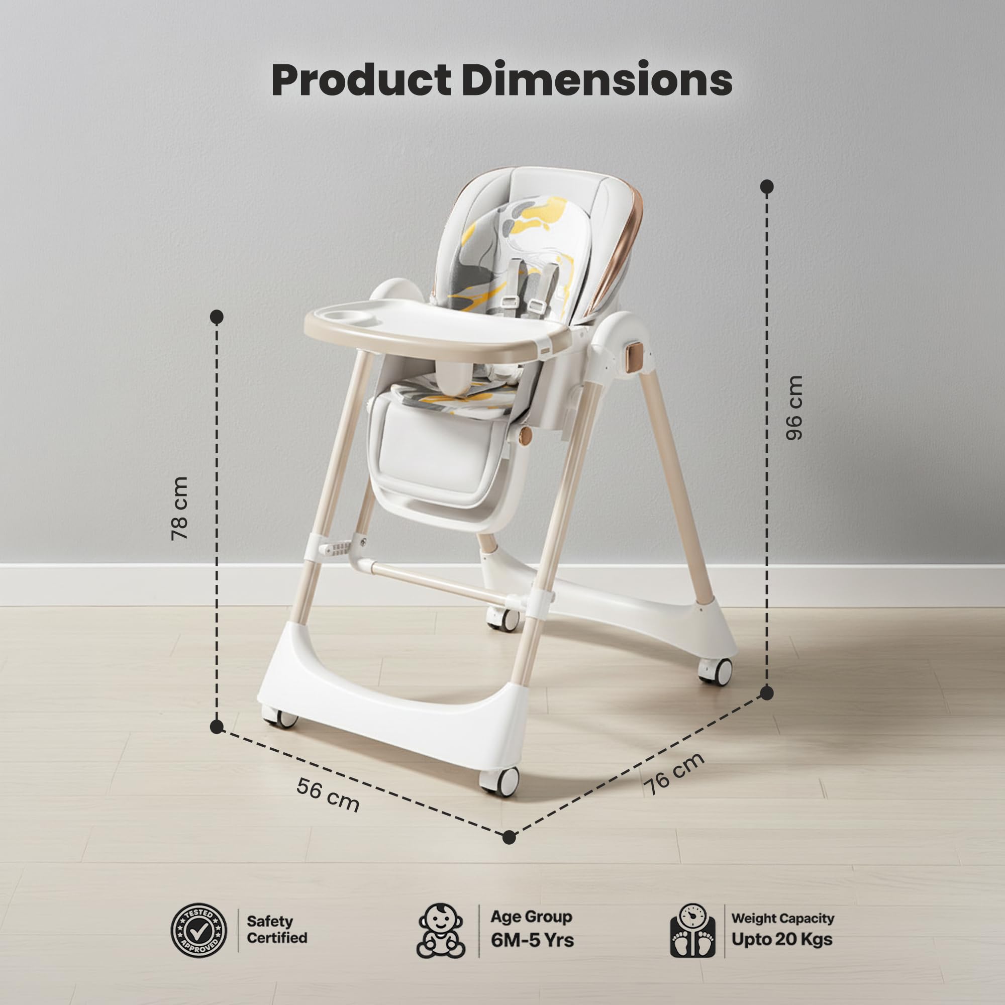 TINSY Feeding Chair Polypropylene Detachable Tray | Stable Foot Support | Compact Frame Layout | Smooth Edge Finish | Removable Tray Plate | Kids High Chair | Modern Finish | White