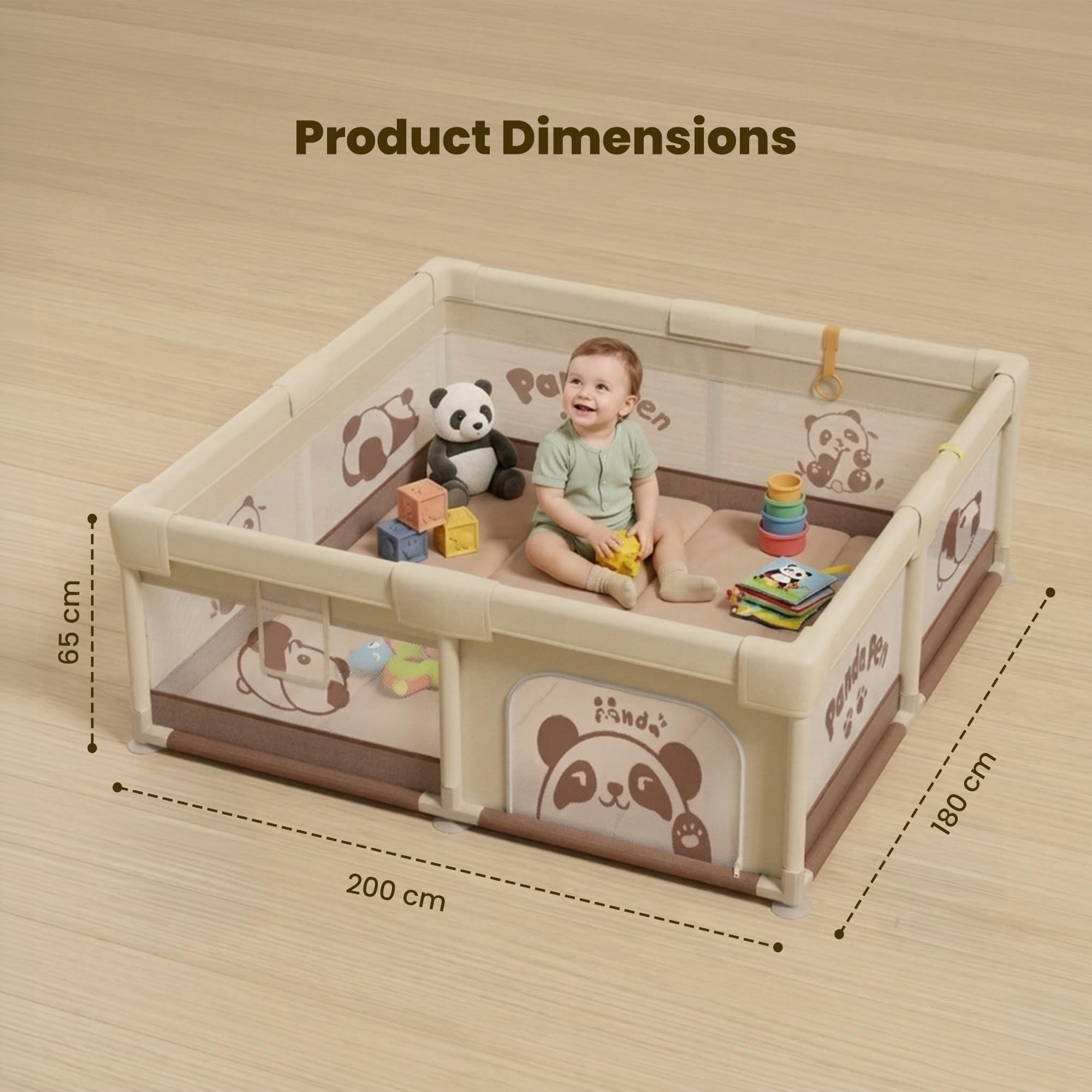 TINSY Large Fabric Playpen 180 x 200 cm for Toddlers & Kids up to 5 Years | Playard with Balls and 2 Grasp Rings | Safe Playard | Indoor Play Area | Zipper Access Entry | Mesh Ventilation | No Mat