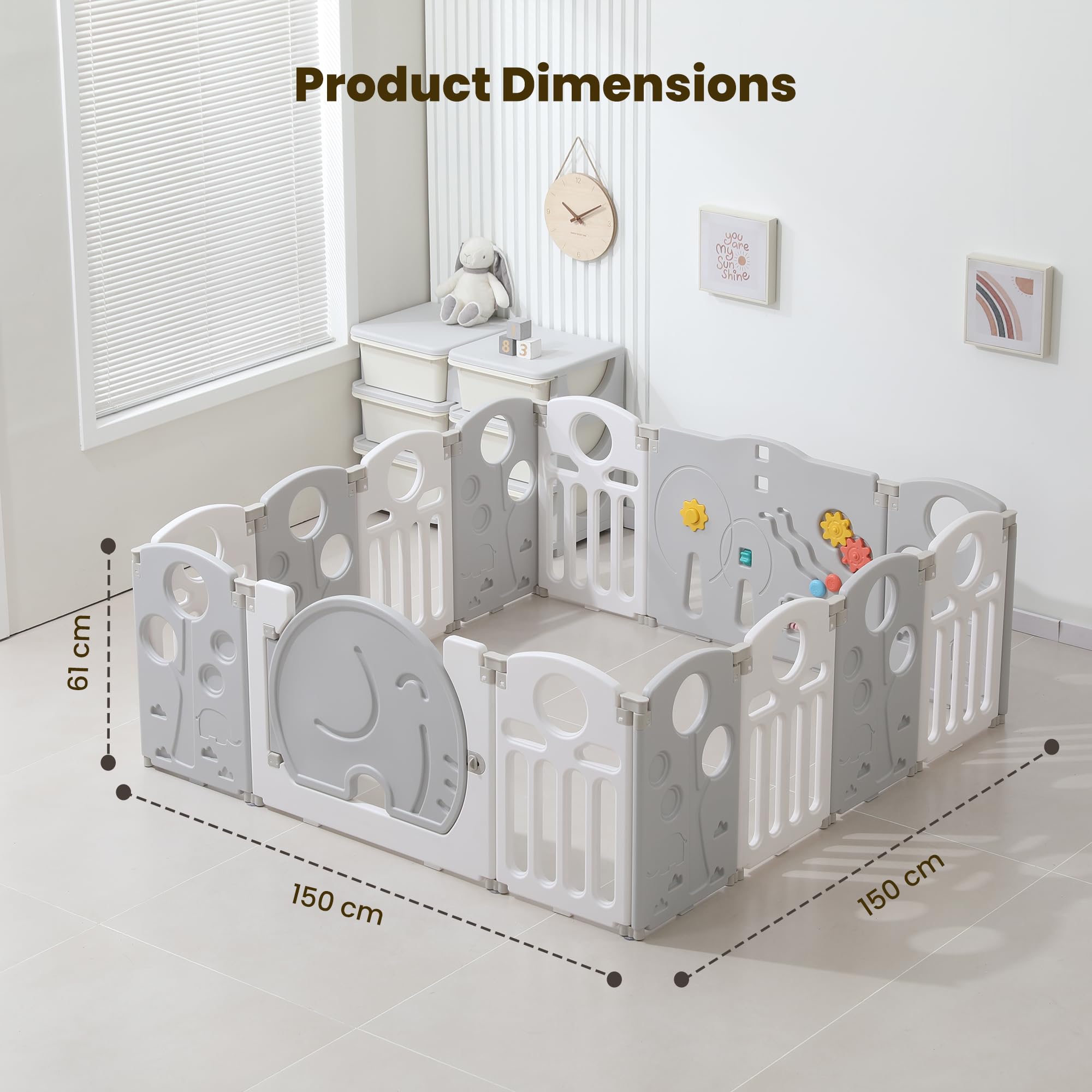 TINSY Foldable Baby Playpen for Kids & Toddlers up to 5 Years (150 × 150 cm, 14 Panels, ~25 Sqft) | Safety Gate Lock | Large Indoor Baby Play Yard / Activity Play Area | Sturdy Kids Safety Fence | No Mat