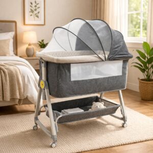 TINSY FlexiCare 3-in-1 Foldable Baby Crib Bedside Sleeper (Brown, Up to 25 kg) with Wheels & Rocking Function, Adjustable Height (6 Levels), Anti-Reflux Tilt, Baby Cot with Mosquito Net & Storage