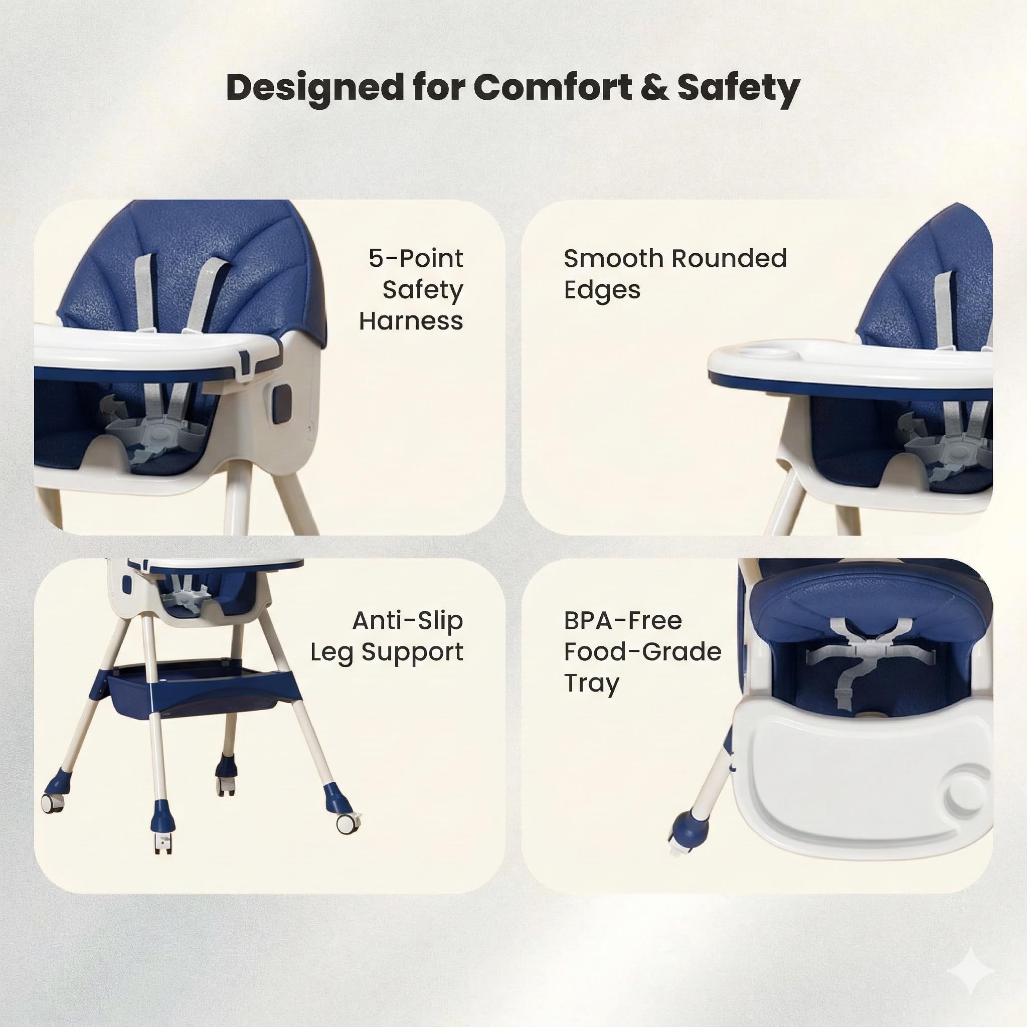 TINSY Feeding High Chair | Adjustable Safety Straps for Secure Seating | Stable Reinforced Legs | Easy-Clean Tray | Comfort Backrest | Compact Design | 0-5 Years | Dark Blue
