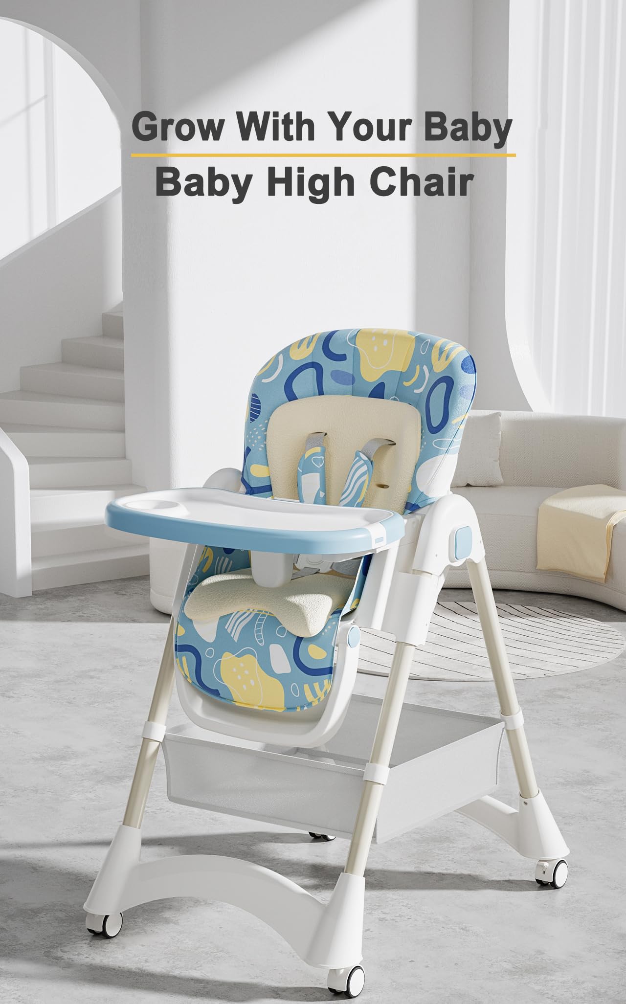 TINSY Baby Adjustable High Chair | Dual Tray System for Feeding | Anti-Slip Feet for Stability | Comfortable Cushion Seat | Boys and Girls