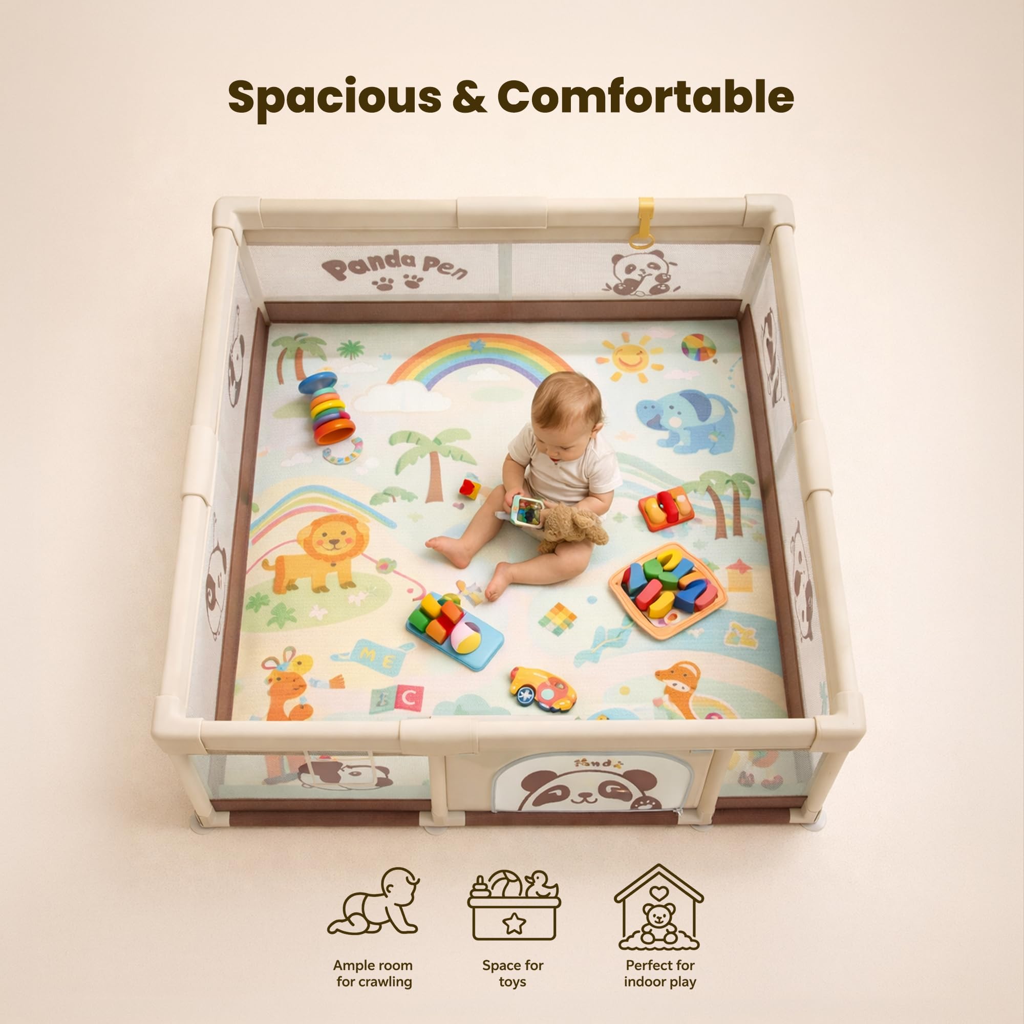 TINSY Fabric Playpen 150 x 180 cm for Toddlers & Kids up to 5 Years |Playard with Balls and 2 Grasp Rings | Compact Mesh Enclosure | Playard with Safety | Indoor Play Area | No Mat