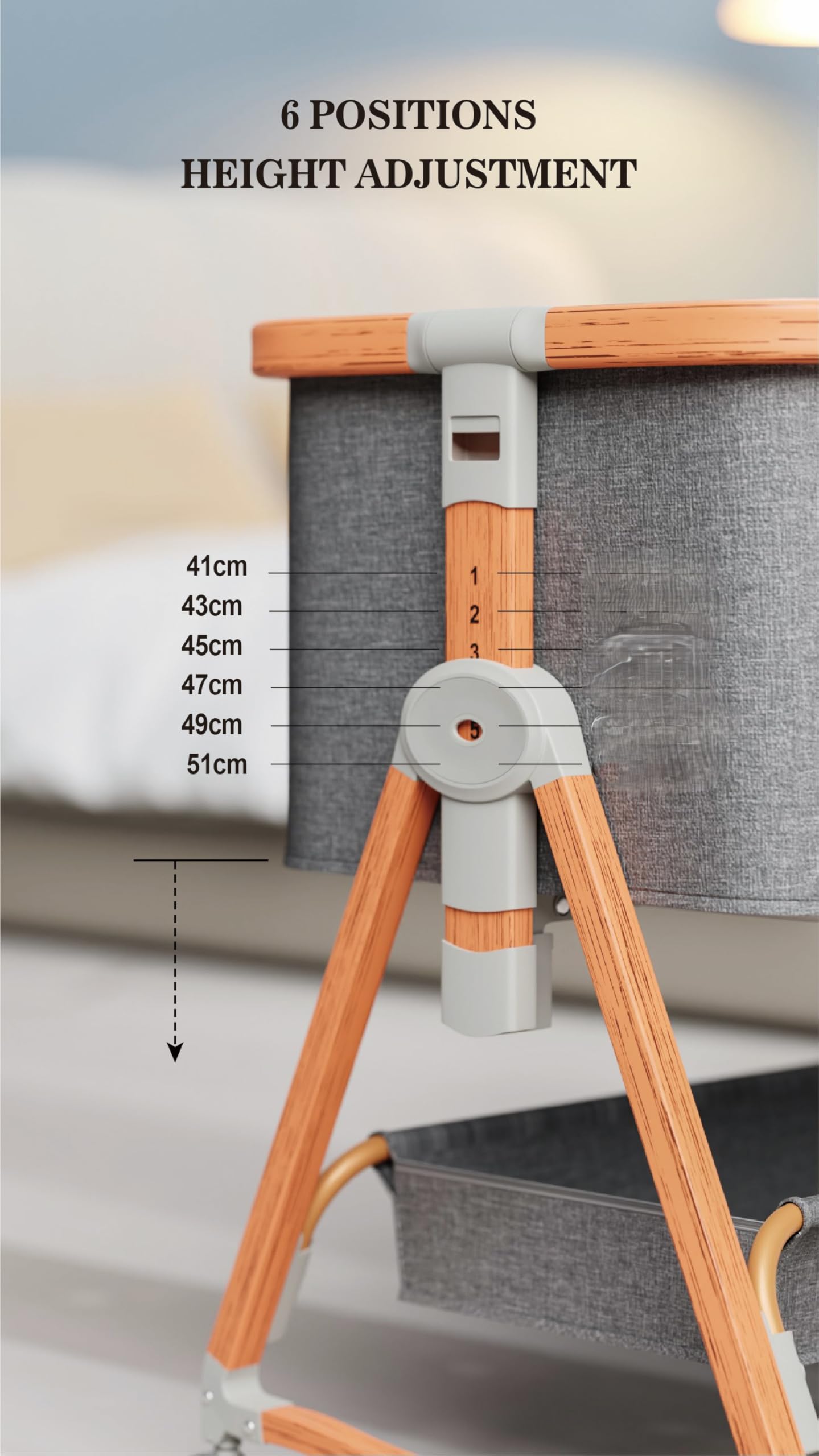 TINSY Woodline Pro Baby Bedside Crib with Wooden Finish Pattern & Aluminium Top Rail (Light Grey, Up to 25 kg), Adjustable Height & Anti-Reflux Tilt, Wheels & Rocking Function, Mosquito Net & Storage