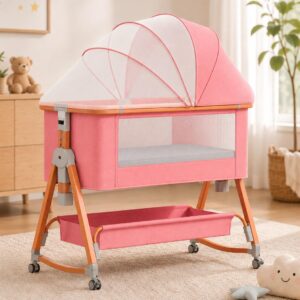 TINSY Woodline Pro Baby Bedside Crib with Wooden Finish Pattern & Aluminium Top Rail (Pink, Up to 25 kg), Adjustable Height & Anti-Reflux Tilt, Wheels & Rocking Function, Mosquito Net & Storage