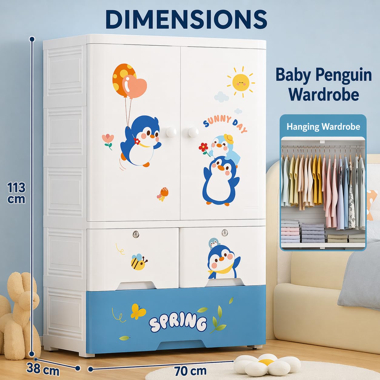 TINSY Kids Wardrobe with Hanging Rod & Drawers, Multi-Purpose Plastic Cupboard for Clothes, Toys & Essentials, Cute Design Storage Cabinet for Kids Room, Nursery & Bedroom (70x38x113 cm)